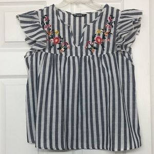 Shein Floral Embroidery Blue Stripe Top Flutter Sleeves Linen Look Babydoll Sz S